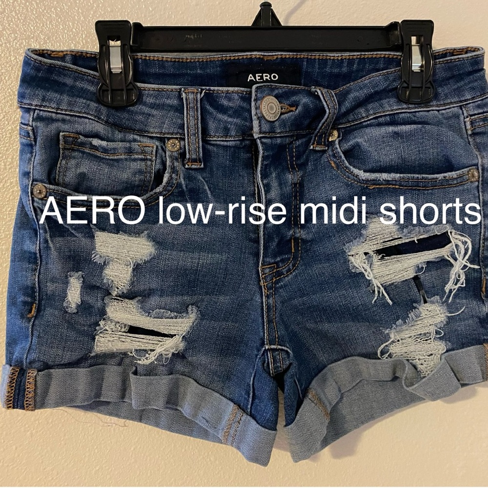 Blue Jean Shorts with Distressed Details and Rolled Cuffs